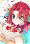  1girl blue_eyes blush buttons cake confetti food freckles fruit green_eyes heterochromia highres indie_virtual_youtuber medium_hair murmoruno raggy_chiffon red_hair shadow solo strawberry upper_body virtual_youtuber white_background x_x 