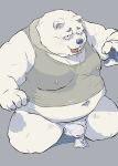 2024 absurd_res anthro asian_clothing bear bodily_fluids bulge clothing east_asian_clothing fundoshi genital_fluids hi_res japanese_clothing kemono male mammal navel overweight overweight_male polar_bear precum shirt simple_background solo tachiuo tongue tongue_out topwear underwear ursine white_clothing white_fundoshi white_underwear