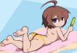  1girl :t ahoge ass average-hanzo barefoot beach_towel blush chibi commentary english_commentary feet food from_behind full_body huge_ahoge jaggy_lines legs_up linne looking_back lying oekaki on_stomach panties popsicle purple_eyes short_hair soles solo tan the_pose topless towel under_night_in-birth underwear yellow_panties 
