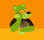 2024 3_fingers anthro artist_name bear bent_arm black_clothing black_nose black_shirt black_topwear clothing colored eyewear fingers flat_colors fur furniture glasses green_body green_fur green_inner_ear greengrizz grizz_(greengrizz) hair half-closed_eyes hand_on_face looking_at_viewer male mammal multicolored_body multicolored_fur mystery_science_theater_3000 narrowed_eyes orange_background shirt short_hair simple_background sitting smile smiling_at_viewer solo table topwear ursine yellow_eyes