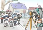  6+girls :3 akashi_(kancolle) black_hair black_pantyhose blue_eyes blue_hair blue_neckerchief blue_sailor_collar blue_skirt bob_cut bow brown_eyes brown_hair closed_eyes commentary_request daitou_(kancolle) dress fence ferret-san fur-trimmed_sleeves fur_trim gloves green_bow green_eyes green_hair green_jacket green_sailor_collar green_skirt grey_hair hair_ribbon hair_rings hands_on_own_head hat high_ponytail house jacket kaiboukan_no._4_(kancolle) kantai_collection laser_level layered_sleeves long_hair long_sleeves low_twintails misunderstanding multicolored_hair multiple_girls neckerchief no_mouth noumi_(kancolle) orange_vest outdoors pantyhose photo-referenced pink_hair pleated_skirt red_skirt revision ribbon sado_(kancolle) sailor_collar sailor_dress sailor_hat school_uniform serafuku shimushu_(kancolle) shimushu_pose shirt short_hair short_over_long_sleeves short_ponytail short_sleeves skirt sleeveless sleeveless_shirt sweatdrop theodolite tree twintails undershirt vest white_dress white_gloves white_pantyhose yellow_bow yuubari_(kancolle) 