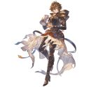  1boy ahoge armor belt bishounen boots breastplate brown_hair cape coffee_cup cup disposable_cup fingerless_gloves floating_clothes full_body gloves granblue_fantasy hair_between_eyes high_heel_boots high_heels holding holding_kettle hood hood_down kettle leg_up light_smile looking_at_viewer minaba_hideo official_art red_eyes sandalphon_(granblue_fantasy) tachi-e white_cape 
