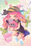  1girl :o baseball_cap black_shirt blue_footwear bracelet clownfish colored_eyelashes commentary_request drooling fish full_body gashapon green_eyes green_hair green_skirt hair_tie harmony&#039;s_clownfish_(splatoon) harmony_(splatoon) hat highres holding holding_phone holding_stuffed_toy jewelry liang_cun_rakuna long_hair looking_at_viewer multiple_bracelets open_mouth phone pink_hair purple_pupils shirt sideways_hat skirt solo splatoon_(series) splatoon_3 sticker striped_clothes striped_headwear stuffed_squid stuffed_toy tentacle_hair very_long_hair yellow_hat 