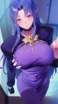  1boy 1girl :o absurdres black_choker black_gloves blush braid breasts choker covered_navel dated deep_skin dress fate/stay_night fate_(series) gloves grabbing grabbing_another&#039;s_breast hetero highres indoors large_breasts long_hair long_sleeves looking_at_viewer medea_(fate) out_of_frame pointy_ears purple_dress purple_eyes purple_hair rororo sidelocks sliding_doors solo_focus tatami very_long_hair 
