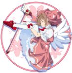  1girl brown_hair cardcaptor_sakura closed_eyes dress edoya_inuhachi from_above fuuin_no_tsue gloves kinomoto_sakura kneehighs lying mary_janes on_side petals pink_dress pink_hat revision ribbon shoes socks staff white_gloves white_socks wings 