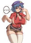  blue_hair breasts cleavage curvy grey_eyes hat huge_breasts jiangshi kaname1202 looking_at_viewer miyako_yoshika no_pants ofuda open_collar short_hair short_sleeves sideboob skindentation smile solo speech_bubble star thick_thighs thighhighs thighs touhou white_legwear 