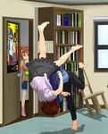  amami_haruka barefoot bookshelf calendar_(object) chair door highres idolmaster idolmaster_(classic) judo_throw kisaragi_chihaya multiple_girls opening_door polka_dot poster_(object) room socks takatsuki_yayoi tonkotsu_kurage upside-down window 