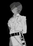  1girl arms_behind_back belt closed_mouth collared_shirt cropped_jacket earrings greyscale gunblade highres jacket jewelry limbus_company long_sleeves looking_at_viewer monochrome nyak_138 outis_(project_moon) pants project_moon shirt short_hair sidelocks smile solo spot_color tie_clip vest weapon yellow_eyes 