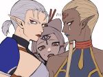  3girls blonde_hair brown_eyes dark-skinned_female dark_skin emari_39 forehead_tattoo grey_hair hair_ornament hair_stick highres hyrule_warriors:_age_of_calamity impa in-franchise_crossover multiple_girls multiple_persona pointy_ears sheikah short_ponytail the_legend_of_zelda the_legend_of_zelda:_breath_of_the_wild the_legend_of_zelda:_ocarina_of_time the_legend_of_zelda:_skyward_sword upper_body 