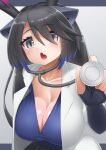  1girl black_dragon_(kemono_friends) black_gloves black_hair black_horns blue_hair breasts cleavage coat dark_blue_hair doctor dragon_ears dragon_horns elbow_gloves fang fingerless_gloves gloves grey_eyes highres holding holding_stethoscope horns kemono_friends kemono_friends_3 lab_coat large_breasts leaning_forward long_hair looking_at_viewer medical_examination multicolored_hair multicolored_horns open_clothes open_coat open_mouth parted_bangs pink_horns shirt skirt slit_pupils solo stethoscope two-tone_hair upper_body very_long_hair white_coat yonkuron 