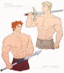  2boys abs absurdres alternate_body_hair alternate_muscle_size bara blonde_hair cropped_legs dungeon_meshi fire_emblem fire_emblem:_three_houses highres laios_thorden large_pectorals male_focus multiple_boys muscular muscular_male navel nipples over_shoulder pectorals satodee short_hair sparse_chest_hair standing stomach sword sword_over_shoulder sylvain_jose_gautier thick_eyebrows topless_male weapon weapon_over_shoulder 