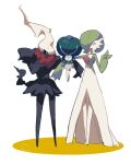  black_skin blue_eyes calyrex closed_eyes colored_skin darkrai dress gardevoir green_hair highres looking_at_viewer multicolored_skin open_mouth pokemon pokemon_(creature) runteya simple_background smile sweatdrop two-tone_skin white_background white_dress white_hair white_skin 