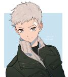  1boy alternate_costume bandaid bandaid_on_face bandaid_on_forehead black_jacket black_undershirt blush border closed_mouth dated ear_blush grey_eyes grey_hair highres jacket lcs_0209 looking_at_viewer male_focus outside_border persona persona_3 persona_3_reload sanada_akihiko short_hair smile solo sweater turtleneck turtleneck_sweater twitter_username upper_body very_short_hair white_border zipper 