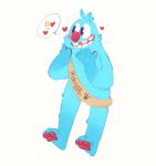 2022 anthro blue_body blue_fur blue_hair blush bugsnax digital_media_(artwork) english_text exclamation_point filbo_fiddlepie footprint fur grumpus hair hand_on_face happy heart_symbol hi_res looking_at_another male pawpads pawprint pose purple_eyes red_nose red_pawpads sash shaibey simple_background smile solo speech_bubble teeth text tongue white_background young_horses