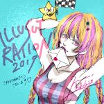  1girl 2019 aqua_background armpits arms_behind_head black_bra blonde_hair bra checkered_flag colored_skin flag hair_ornament heart highres illustration.media letter looking_at_viewer meeesuke multicolored_hair purple_eyes purple_hair shadow signature simple_background star_(symbol) striped_tank_top tank_top tri_braids two-tone_hair underwear upper_body white_skin 