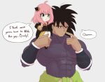  1boy 1girl absurdres ahoge anya_(spy_x_family) arm_guards black_dress black_eyes black_footwear black_hair bodysuit broly_(dragon_ball_super) child collared_shirt covered_abs crossover dragon_ball dragon_ball_super dragon_ball_super_broly dress eden_academy_school_uniform eyelashes gold_trim hair_between_eyes hair_ornament hairpods highres i_think_we&#039;re_gonna_have_to_kill_this_guy_steven_(meme) instagram_username large_pectorals lovepizza26 meme muscular muscular_male on_shoulder open_mouth pectorals pink_hair pointing scar scar_on_cheek scar_on_face school_uniform shirt size_difference speech_bubble spy_x_family square_neckline twitter_username upper_body v-shaped_eyebrows waist_cape white_background white_shirt 