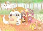  1girl blue_eyes buneary camp flower hikari_(pokemon) lowres nature piplup pokemon pokemon_(anime) 