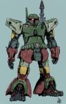  absurdres boba_fett clenched_hand fusion glowing glowing_eye green_background gundam highres looking_at_viewer mecha mecha_focus mobile_suit mobile_suit_gundam okli one-eyed purple_eyes robot simple_background solo star_wars zaku_ii 