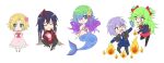  2boys 3girls :3 ascot black_capelet black_footwear black_pants black_shirt black_suit blonde_hair blue_eyes blue_eys blue_hair blue_suit bow bowtie capelet chibi closed_eyes closed_mouth dark_blue_hair dress dust fangs fins fire flower frilled_dress frills gem gradient_hair green_hair hair_between_eyes hair_bow hair_flower hair_ornament hair_over_one_eye hand_on_own_chest hands_on_own_chest head_fins holding holding_gem hood hoodie implied_death jewelry lime_(witch&#039;s_heart) long_sleeves looking_at_another looking_to_the_side mermaid monster_girl moon-realm multicolored_hair multiple_boys multiple_girls navel necklace noel_levine_(past) open_mouth pants pink_dress pink_flower puffy_long_sleeves puffy_sleeves purple_hair red_ascot red_bow red_bowtie red_eyes red_hair red_hoodie red_skirt running sheila_(witch&#039;s_heart) shell shell_bikini shirt short-hair simple_background single_hair_tube sirius_gibson skirt smile streaked_hair suit sweatdrop tears teeth twintails upper_teeth_only white_ascot white_background wide-eyed 