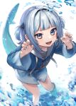  1girl absurdres animal_costume animal_hood blue_eyes blue_hair blue_hoodie blunt_bangs blush claw_pose fins fish_tail from_above gawr_gura gawr_gura_(1st_costume) grey_hair hair_ornament highres hiiragi_hiiro hololive hololive_english hood hoodie looking_at_viewer multicolored_hair open_mouth shark_costume shark_girl shark_hair_ornament shark_hood shark_tail sharp_teeth smile solo streaked_hair tail teeth twitter_username two_side_up virtual_youtuber water 