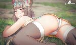  1girl absurdres animal_ears ass black_thighhighs blue_gemstone blush brown_eyes brown_hair cat_ears facial_mark gem grass highres looking_at_viewer nia_(blade)_(xenoblade) nia_(xenoblade) on_grass panties signature smile thighhighs thighs underwear white_panties xenoblade_chronicles_(series) xenoblade_chronicles_2 xenoblade_chronicles_3 zambonito 