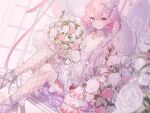 beryl_(blueberylpie) bouquet cake champagne_flute choker cup drinking_glass flower food hair_flower hair_ornament highres holding holding_bouquet indie_utaite nqrse official_art on_chair pink_eyes pink_hair rose second-party_source smile 