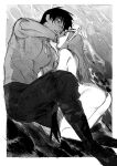  1boy 1girl animal_ears arm_up atie1225 biting_arm black_hair black_pants blood blood_on_arm dog_tags empty_eyes eye_contact from_side greyscale highres kneeling looking_at_another male_focus monochrome original pants parted_lips pectorals sitting tail topless_male 