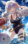  1girl absurdres animal_ears black_one-piece_swimsuit blue_sky blunt_bangs breasts cloud cloudy_sky commentary_request gold_ship_(run_revolt_launcher)_(umamusume) gold_ship_(umamusume) grey_hair hand_on_own_hip highres holding holding_water_gun horse_ears horse_girl horse_tail jewelry komeko97 large_breasts long_hair necktie official_alternate_costume one-piece_swimsuit purple_eyes purple_hair sky solo sunglasses swimsuit tail tongue umamusume water water_gun 