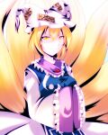  1girl animal_ears animal_hat blonde_hair blue_tabard closed_eyes commentary_request fox_ears fox_tail hal_(goshujinomocha) hands_in_opposite_sleeves hat kitsune long_sleeves mob_cap multiple_tails short_hair smile solo tabard tail touhou wide_sleeves yakumo_ran yellow_eyes 