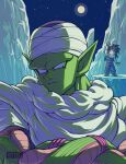  2boys close-up closed_eyes colored_skin crossed_arms dragon_ball dragon_ball_z full_moon green_skin highres koukyouji moon multiple_boys night outdoors pants piccolo pointy_ears purple_pants purple_shirt red_sash sash shirt son_gohan turban waving 