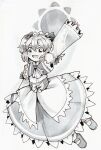 1girl absurdres arm_up dungeon_toaster fang full_body greyscale hair_between_eyes highres inktober long_sleeves looking_at_viewer mary_janes medium_hair monochrome open_mouth shirt shoes simple_background skirt sleeves_past_wrists solo sunny_milk touhou traditional_media white_background 