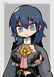  1girl absurdres armlet armor artist_name blue_eyes blue_hair bodice breasts bustier byleth_(female)_(fire_emblem) byleth_(fire_emblem) cape chibi clothing_cutout crossed_arms dagger fire_emblem fire_emblem:_three_houses highres knife large_breasts medium_hair navel_cutout shoulder_armor solo tassel turtleneck vambraces weapon zachukun 