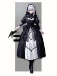  1girl absurdres bird black_bird black_dress cage closed_mouth dress earrings emo37337640 full_body hair_over_one_eye highres holding holding_cage jewelry long_sleeves looking_at_viewer original pointy_ears purple_eyes solo white_hair 