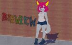 anthro blue_clothing blue_footwear blue_hotpants blue_shoes blue_sneakers bottomwear brick_wall canid canine clothing concrete_floor female footwear fox fur graffiti graffiti_on_wall grey_body grey_fur grey_tail gure_(thekitsuyt) hair hi_res hotpants mammal pink_eyes pink_hair pink_nose shirt shoes shorts sneakers socks solo standing tail tank_top thekitsuyt topwear wall_(structure) white_body white_clothing white_footwear white_fur white_shirt white_socks white_tail white_tank_top white_topwear yellow_ear_fluff