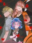 1boy 2girls adrien_agreste black_jacket blazer blonde_hair blue_eyes blue_hair brown_hair bug butterfly closed_mouth crying crying_with_eyes_open green_eyes highres jacket lila_rossi marinette_dupain-cheng miraculous_ladybug multiple_girls open_clothes open_jacket orange_jacket seio_(nao_miragggcc45) smile tears white_jacket 