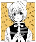  1boy animal_ears bell blue_eyes border bow bowtie cat_boy cat_ears commentary_request expressionless greyscale_with_colored_background hair_between_eyes hunter_x_hunter kurapika looking_at_viewer male_focus neck_bell outside_border own_hands_together short_hair solo spot_color upper_body white_border x-x-x yellow_background 