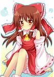  ascot bad_id bad_pixiv_id bare_shoulders blush bow brown_hair detached_sleeves dress hair_bow hair_tubes hakurei_reimu long_hair looking_at_viewer outline red_dress red_eyes revision shinekalta sitting solo touhou 