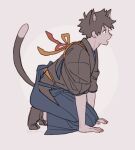  1boy animal_ears blue_eyes cat_boy cat_ears cat_tail conohi_(snvcenni) from_side full_body hand_on_floor japanese_clothes kneeling leaning_forward male_focus original profile solo tabi tail white_background 