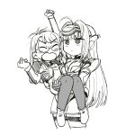  2girls android arm_up carrying carrying_person closed_eyes cropped_legs glasses greyscale hair_intakes kos-mos long_hair monochrome multiple_girls open_mouth pantyhose shion_uzuki simple_background standing tsubobot v-shaped_eyebrows white_background xenosaga 