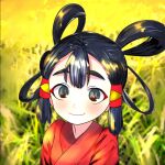  1girl black_eyes black_hair blush center-flap_bangs grass hair_rings hair_tubes japanese_clothes kimono kisaragi_shokuin outdoors portrait red_kimono sakuna-hime smile solo tensui_no_sakuna-hime 