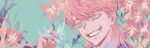  1boy bug butterfly floral_background green_eyes grin hand_up holding male_focus pago0024 pink_hair sanzu_haruchiyo scar scar_on_face smile tokyo_revengers wolf_cut 