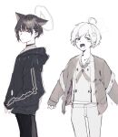  2boys ahoge animal_ears blue_archive blush buttons cat_ears choker collarbone cowboy_shot double-breasted extra_ears genderswap genderswap_(ftm) hair_ornament halo highres jacket kazusa_(blue_archive) long_sleeves looking_at_viewer male_focus multiple_boys neckerchief pants reisa_(blue_archive) short_hair simple_background star_(symbol) star_hair_ornament ureshiitime_ki white_background 