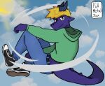 anthro belt bottomwear clothing denim denim_bottomwear denim_clothing dragon floating fullmetaljax hoodie horn humanoid jax_(fullmetaljax) jeans male mythological_creature mythological_scalie mythology pants scalie sky smile smiling_at_viewer smirk smirking_at_viewer solo tail topwear vans