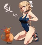  :p bare_shoulders blonde_hair braid breast_squeeze breasts choker cleavage covered_nipples gloves granado_espada high_heels kneeling long_hair looking_at_viewer medium_breasts one-piece_swimsuit penguin_caee purple_eyes shoes simple_background solo swimsuit tongue tongue_out valeria_(granado_espada) 