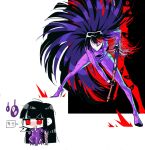  1girl black_hair bodysuit e.g.o_(project_moon) floating_hair grin high_heels highres limbus_company long_hair long_sleeves looking_at_viewer multiple_views nyak_138 project_moon purple_bodysuit red_eyes ryoshu_(project_moon) simple_background smile spider_bud very_long_hair white_background 