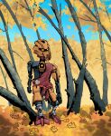  absurdres autumn_leaves bionicle clothed_robot english_commentary highres kanohi_(bionicle) looking_to_the_side mask okli orange_eyes robot the_lego_group toga tree vakama_(bionicle) 