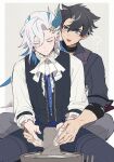  2boys :d ? ascot asymmetrical_bangs bandaged_arm bandaged_neck bandages black_hair black_shirt black_vest blue_eyes blue_hair blue_pants border brooch buttons clay closed_eyes closed_mouth collared_shirt commentary_request frilled_sleeves frills genshin_impact grey_background grey_hair grey_pants grey_vest hair_between_eyes hair_ornament highres jewelry long_hair long_sleeves male_focus multicolored_hair multiple_boys neuvillette_(genshin_impact) open_mouth outside_border pants parted_bangs pointy_ears scar scar_on_arm scar_on_cheek scar_on_face sculpting shirt short_hair short_sleeves simple_background sitting smile streaked_hair sumomoi_(dvcat) vest white_ascot white_border white_hair white_shirt wriothesley_(genshin_impact) 