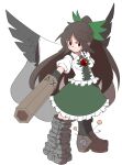 1girl arm_cannon asymmetrical_legwear black_wings bow breasts brown_hair cape closed_mouth collared_shirt feathered_wings frilled_skirt frills full_body green_bow green_skirt hair_bow highres long_hair medium_breasts puffy_short_sleeves puffy_sleeves red_eyes reiuji_utsuho shinmon_akika shirt short_sleeves simple_background skirt solo third_eye_on_chest touhou very_long_hair weapon white_background white_cape white_shirt wings 