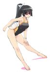  ball barefoot bent_over black_hair brown_eyes chiaki_kurihara competition_swimsuit hand_on_own_knee long_hair matsumoto_noriyuki miniskirt_pirates one-piece_swimsuit ponytail simple_background sketch solo sunglasses swimsuit white_background 