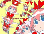  6+girls blue_eyes blush_stickers dress fairy fairy_wings hair_ribbon kirby_(series) kirby_64 multiple_girls multiple_persona pink_hair red_dress red_ribbon ribbon ribbon_(kirby) too_many wings yellow_background yutakunatu 